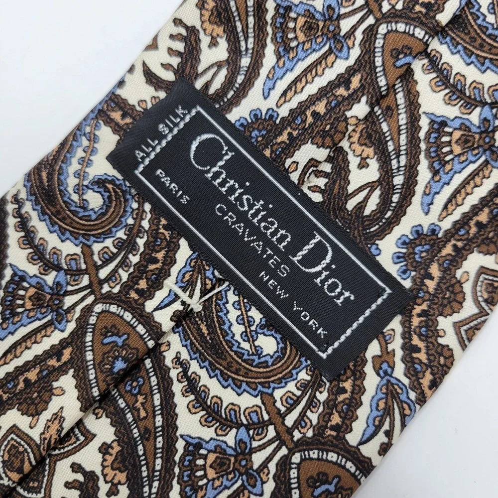Christian Dior Tie Mens Necktie Silk Brown Beige Paisley Cravates Paris NY Adult